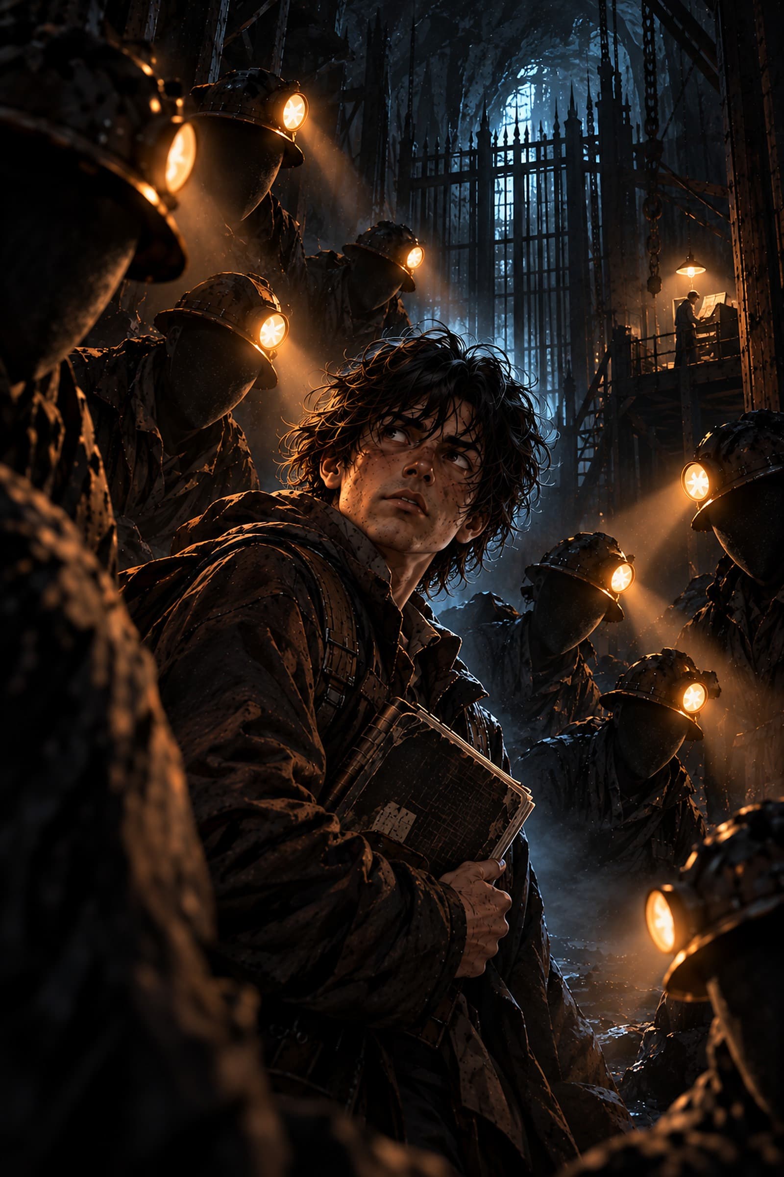 A frightened young man clutching a notebook, surrounded by faceless miners with glowing helmet lamps in front of an iron gate deep in a mine. EliMartian.